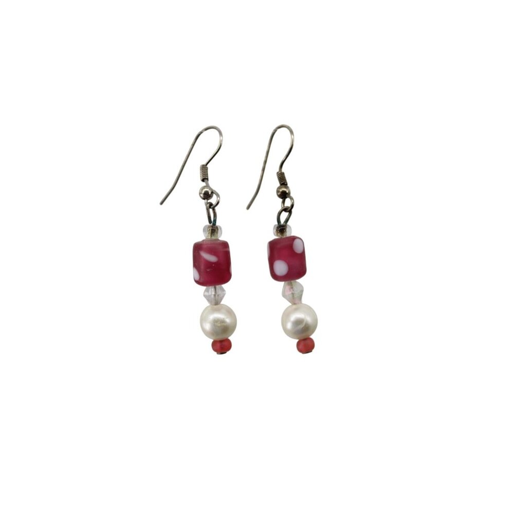Raspberry Pink Polka Dot Faux Pearl Pierced Earrings Drop Dangle Vintage 93827